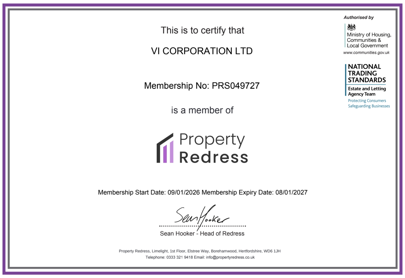 PRS Certificate — PRS049727