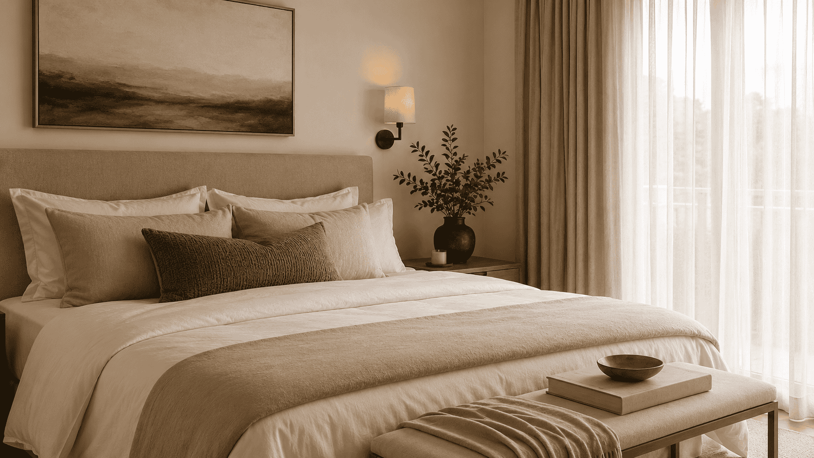 Calm bedroom with warm neutral tones