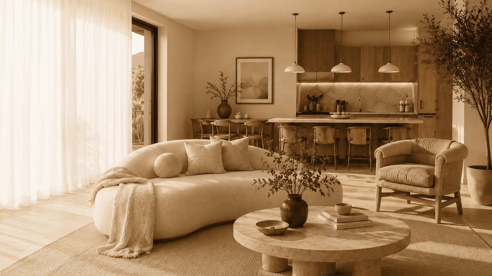 Warm, hospitality-led living space designed by VI&CO Studio